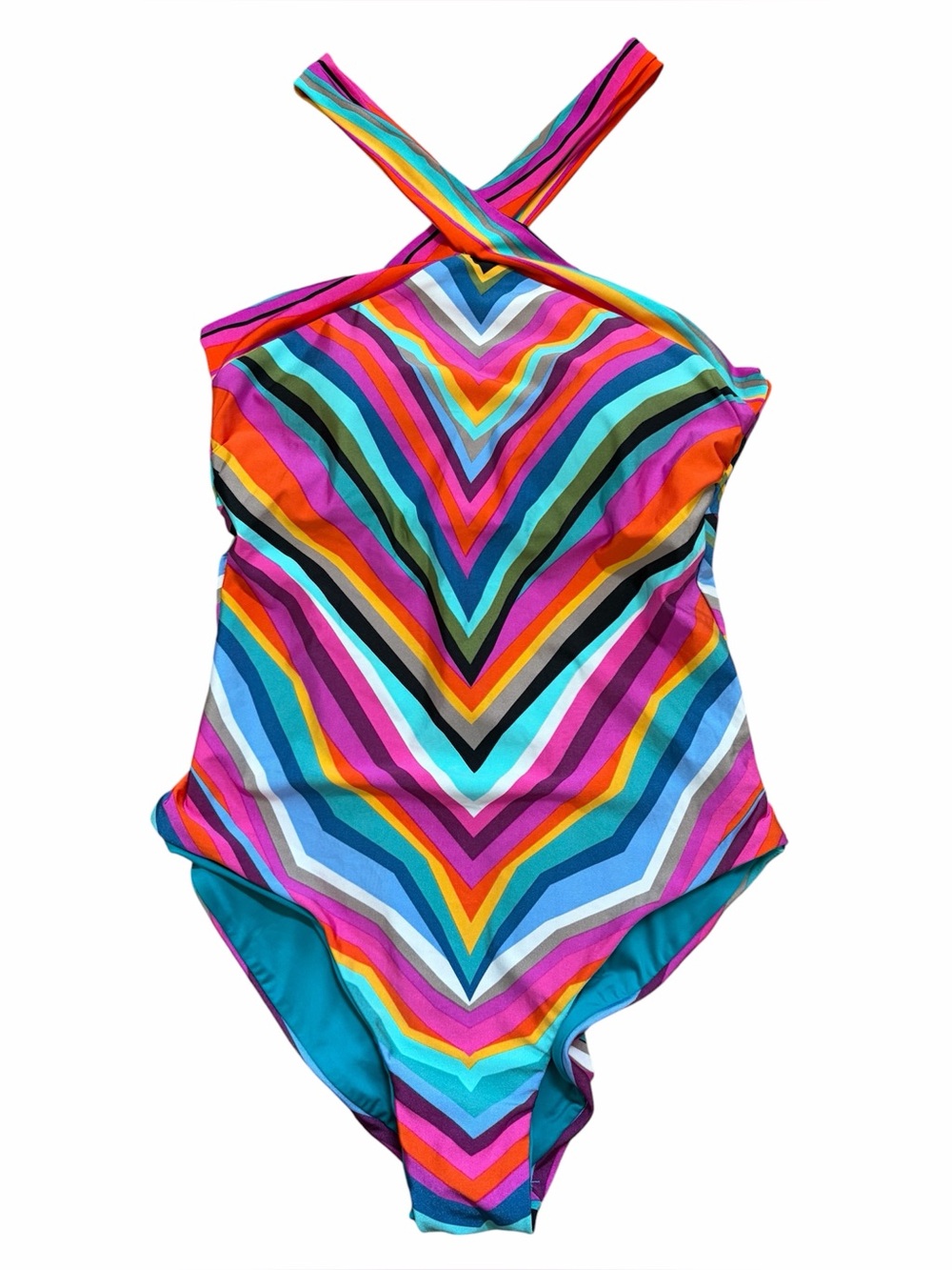 Trina Turk Louvre Stripe Reversible High Neck One Piece Swimsuit Size 2 Beach